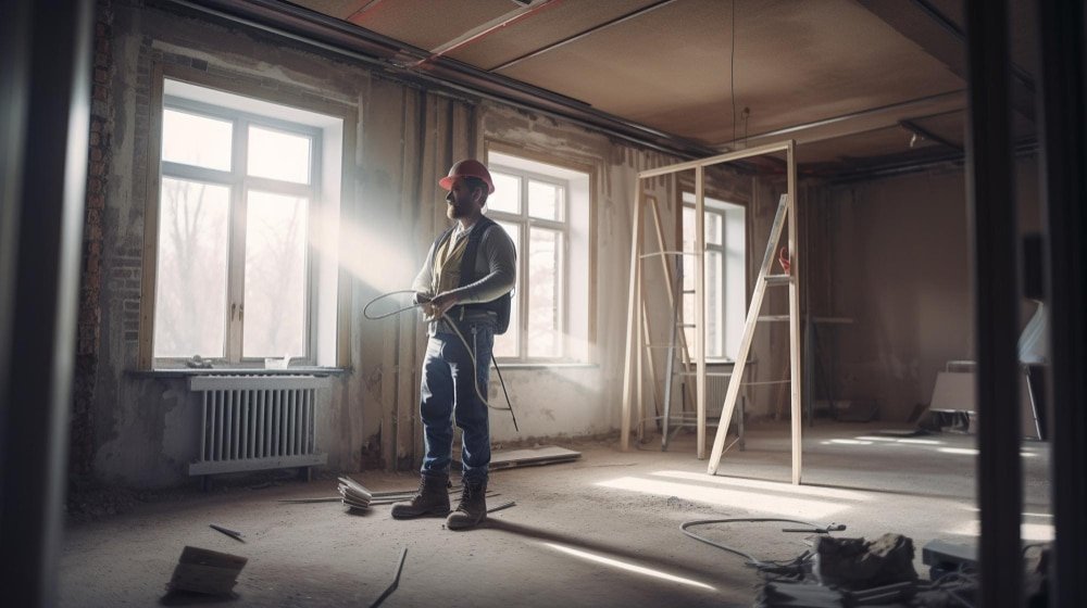 Ouvrier avec casque travaillant sur un chantier intérieur à Rouen
